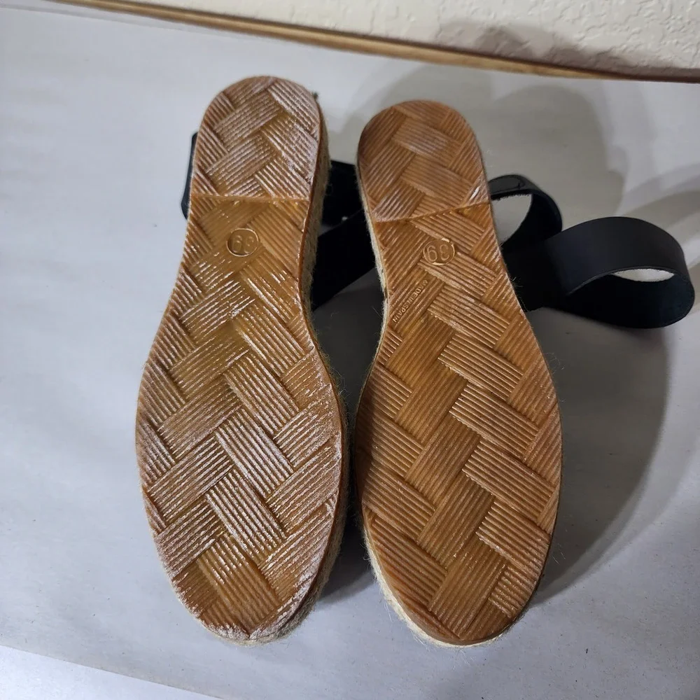 Ilse Jacobsen Hornbaek Black Leather Espadrille Sandals Made in Spain Size 39